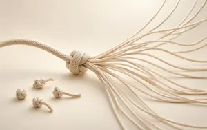 A large ivory cord tied into one central knot splits into many thin strands, beside several small separate knots with only one or two short threads, on a warm cream background.