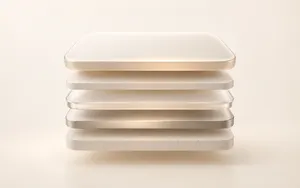 A minimal stack of floating cream app-like slabs hovers above thinner layered foundations, suggesting the hidden infrastructure behind running an AI-powered app.
