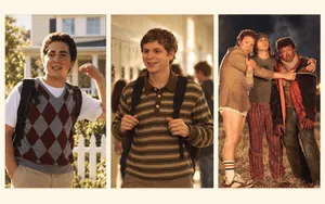 Three-panel collage of young men from 2000s-style comedy scenes, shown outside a suburban home, in a school hallway and standing together at night, all graded in warm cream and amber tones.
