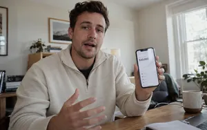Man in a cream quarter-zip sweater pointing to a smartphone displaying a $30,000 sales dashboard while seated at a wooden desk in a bright minimalist room.