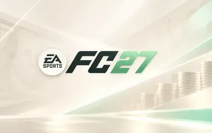EA Sports FC 27 logo on a warm ivory background with subtle banknote imagery and stacks of coins suggesting the series’ growing focus on monetisation.