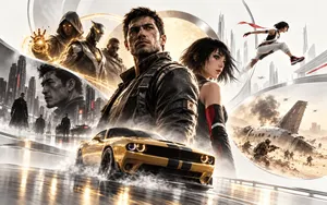Cinematic gaming collage combining Driver: San Francisco, Marvel's Midnight Suns, Mirror's Edge, Sleeping Dogs, and Spec Ops: The Line in one action-packed scene.