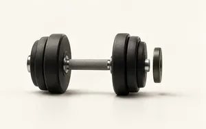 Adjustable black dumbbell with one small additional weight plate hovering beside it against a warm ivory background.