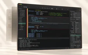 A dark reverse-engineering interface showing disassembled machine code and file analysis on a black-glass panel against a warm ivory studio background.