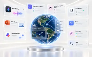 Futuristic 3D globe surrounded by ten open-source GitHub projects, including God’s Eye View, VoiceStudio, Paperclip, and developer tools, in a minimalist ivory and silver interface.
