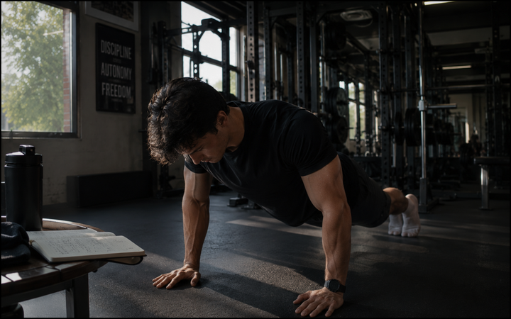 An athletic man doing push-ups in a gym beside an open training notebook and protein shaker.