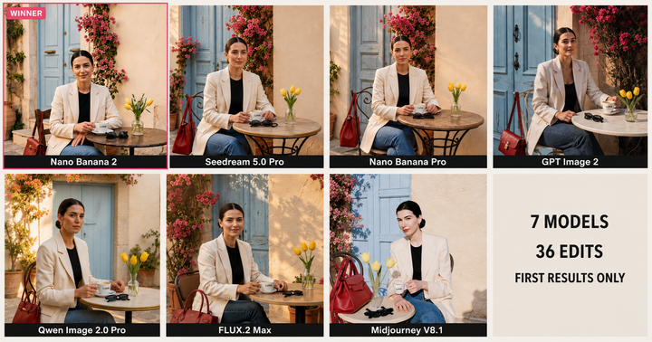 Comparison of first results from seven AI image generators using the same Mediterranean café prompt, with Nano Banana 2 marked as the winner after 36 editing tests.
