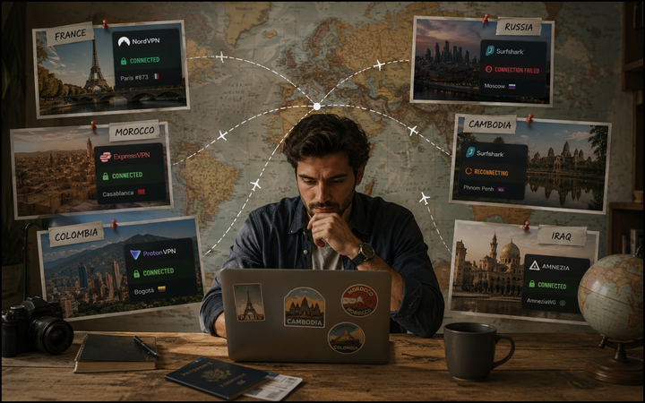 A traveller works on a laptop in front of a world map surrounded by pinned photos from France, Morocco, Colombia, Cambodia, Russia and Iraq, each showing a different VPN service with varying 