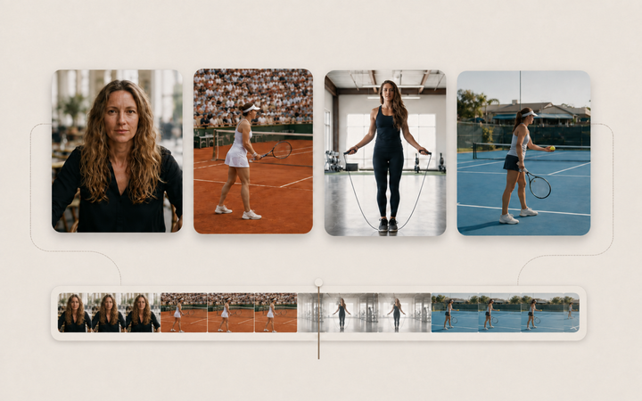 AI-generated portrait, tennis and jump-rope test scenes arranged as video storyboard frames for a Seedance 2.5 review.