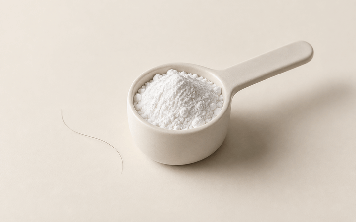A single scoop of creatine powder resting beside one undisturbed strand of hair on a soft ivory surface.