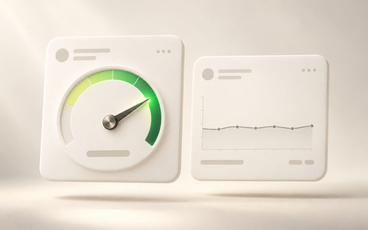 Two floating cream analytics cards on a warm ivory background, with a high green performance gauge on the left and a nearly flat line graph on the right.
