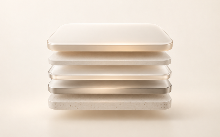 A minimal stack of floating cream app-like slabs hovers above thinner layered foundations, suggesting the hidden infrastructure behind running an AI-powered app.