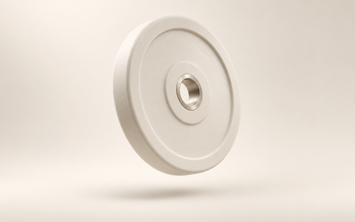 Matte ivory weight plate with a brushed metal center floating above a soft cream background with a subtle studio shadow.