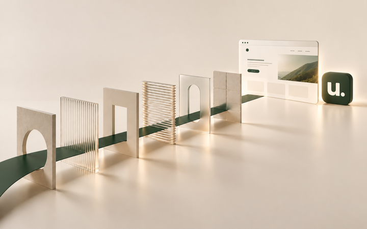 A dark green pathway passes through six minimalist ivory architectural gates toward a clean website interface and the Unfinished app logo.