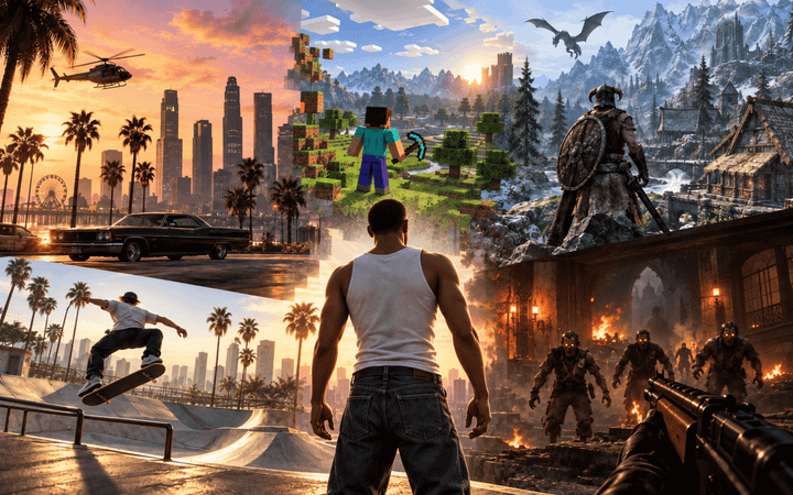 Cinematic montage combining browser-playable game worlds, with a San Andreas-style character in the centre, a voxel landscape, a snowy fantasy realm, a skate park and a zombie combat scene.