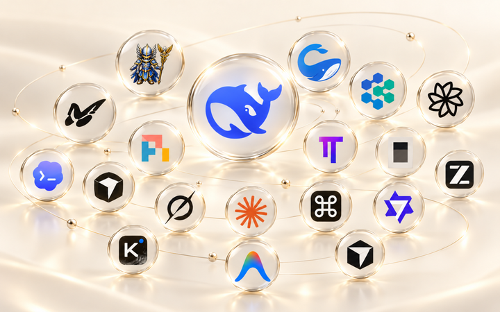 Eighteen AI coding harness logos arranged as floating glass medallions on a warm ivory surface, with DeepSeek Harness shown most prominently at the centre.