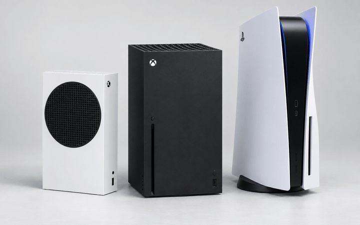 Xbox Series S, Xbox Series X and a standard PlayStation 5 displayed side by side against a clean light background.