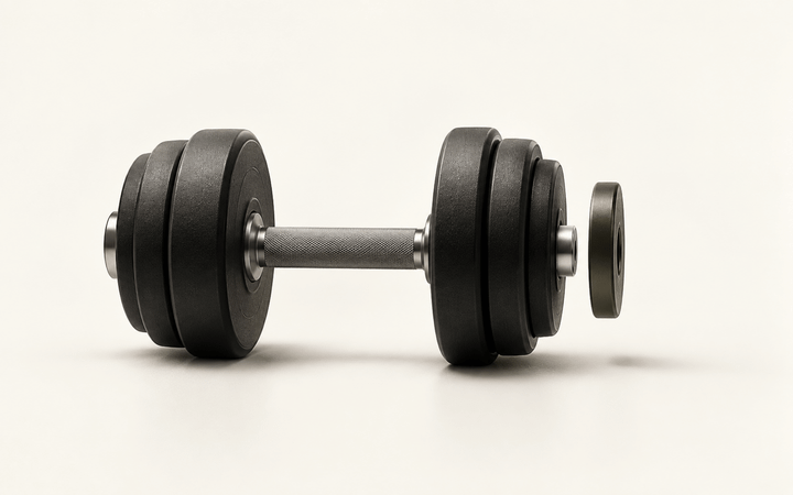 Adjustable black dumbbell with one small additional weight plate hovering beside it against a warm ivory background.