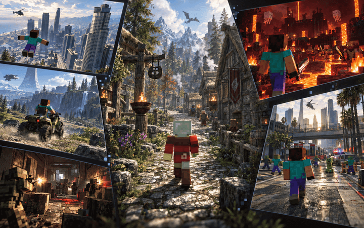 Cinematic montage of voxel-style characters appearing across mashups inspired by GTA, Minecraft, Skyrim and other games, showing city streets, fantasy villages, combat and fiery environments.