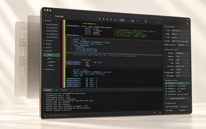 A dark reverse-engineering interface showing disassembled machine code and file analysis on a black-glass panel against a warm ivory studio background.