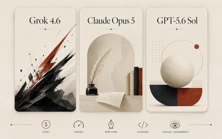 Grok 4.6 vs Claude Opus 5 vs GPT-5.6 Sol across five tests of cost, speed, writing, coding and visual judgment.