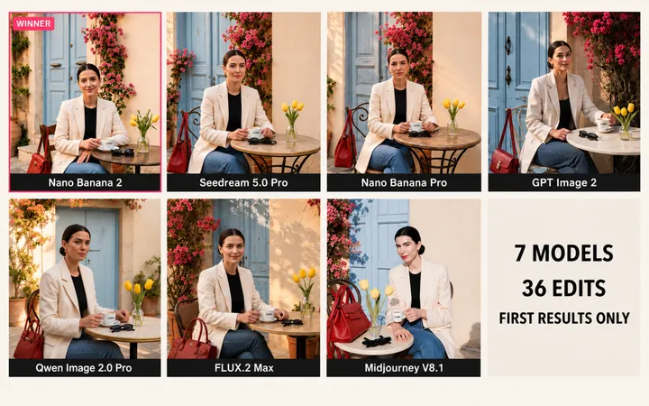 Comparison of first results from seven AI image generators using the same Mediterranean café prompt, with Nano Banana 2 marked as the winner after 36 editing tests.