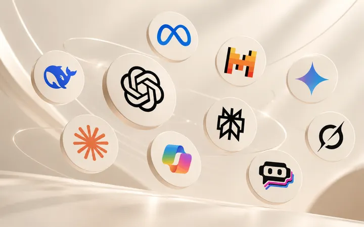 Ten major AI model and company logos floating as ivory medallions in a warm cream, high-tech editorial composition.