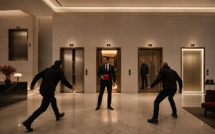 AI-generated hotel fight comparison with a suited man holding a red gift as attackers and elevator doors behave differently across five video models.