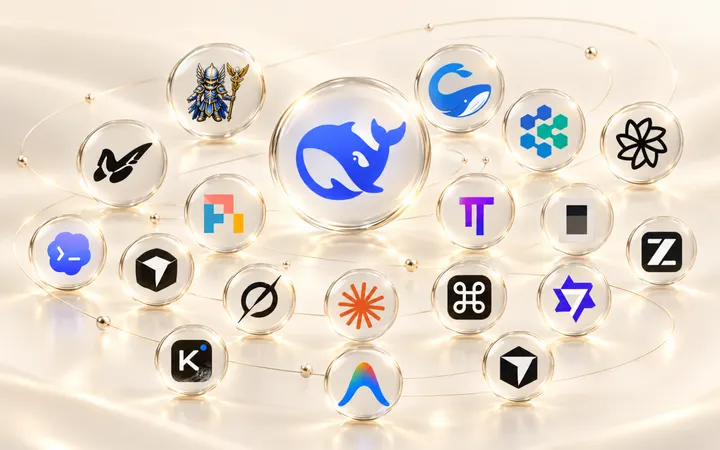 Eighteen AI coding harness logos arranged as floating glass medallions on a warm ivory surface, with DeepSeek Harness shown most prominently at the centre.