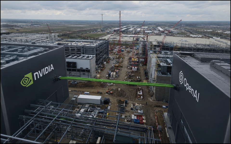 Nvidia and OpenAI logos over a large data centre under construction.