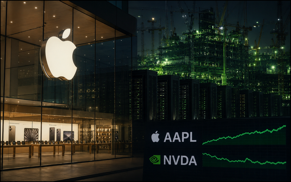 Apple logo in front of dark GPU racks with Nvidia-green lighting and a financial screen showing AAPL edging above NVDA.