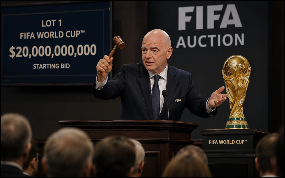 Gianni Infantino auctioning the FIFA World Cup trophy with a $20 billion starting bid.