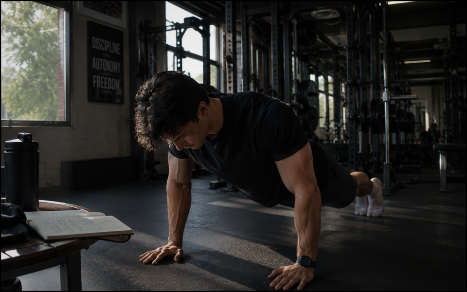 An athletic man doing push-ups in a gym beside an open training notebook and protein shaker.