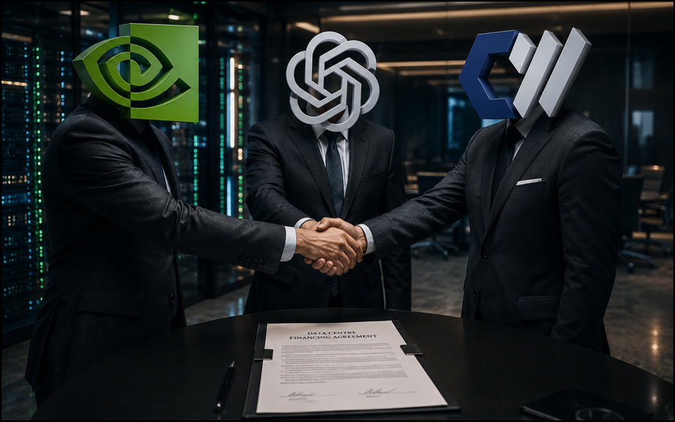 Nvidia, OpenAI and CoreWeave represented as three suited figures joining in a three-way handshake.