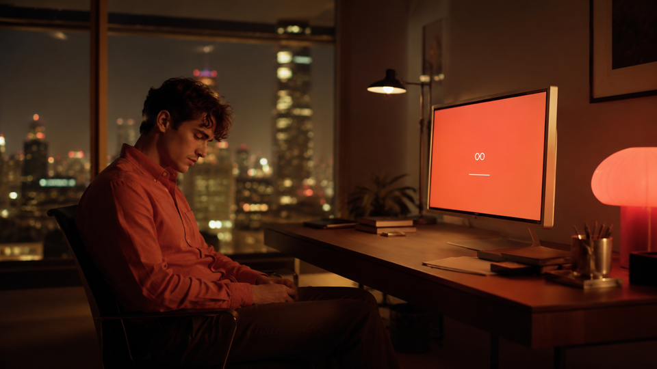 Man sitting at a desk using an adult AI companion displayed on a computer monitor.