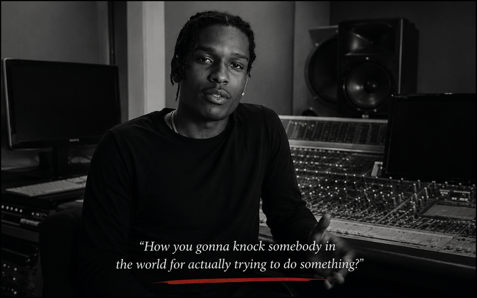 A$AP Rocky speaks in a recording studio alongside a quote about not being afraid to try.
