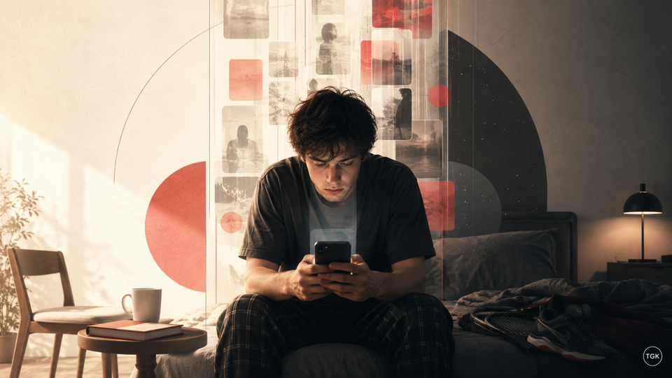 Young man doomscrolling on his phone while sitting on his bed.