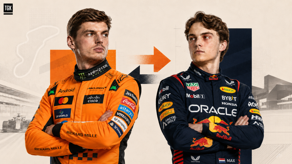 Max Verstappen wearing McLaren colours beside Oscar Piastri in a Red Bull race suit, with arrows suggesting a possible driver swap.