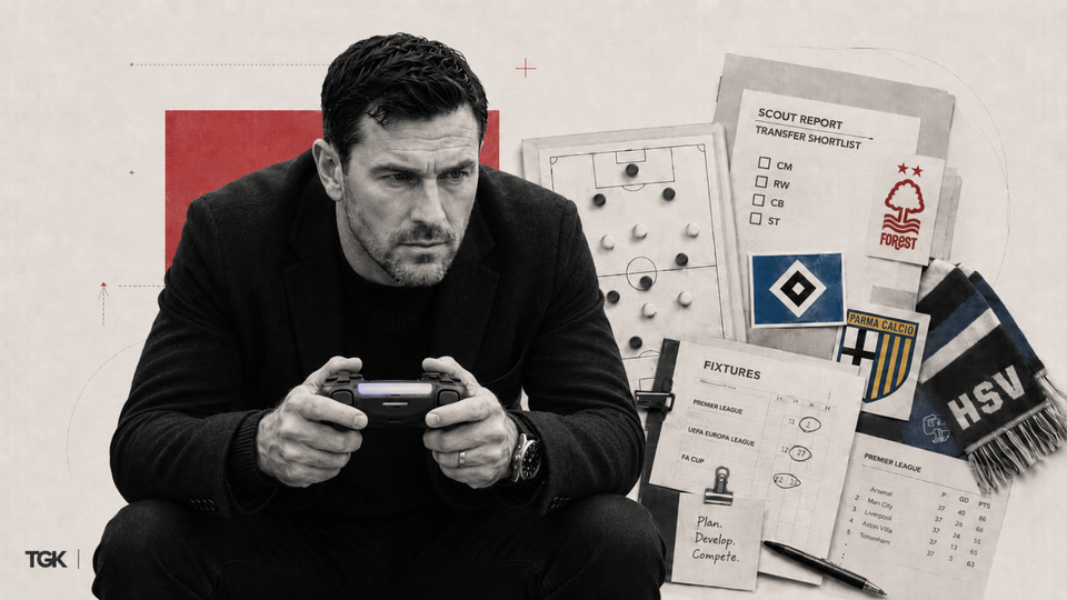 Football manager holding a controller beside scouting reports, tactical notes and club badges.