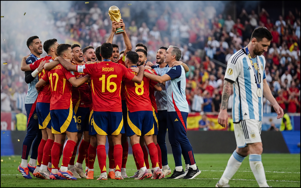Spain celebrate winning the 2026 World Cup as Lionel Messi walks away after the final.