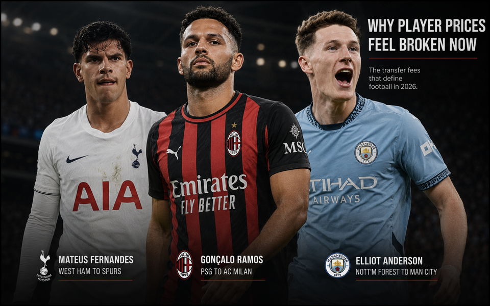 Gonçalo Ramos, Mateus Fernandes and Elliot Anderson in their new club kits against a floodlit stadium backdrop, illustrating the rising scale of football transfer fees.
