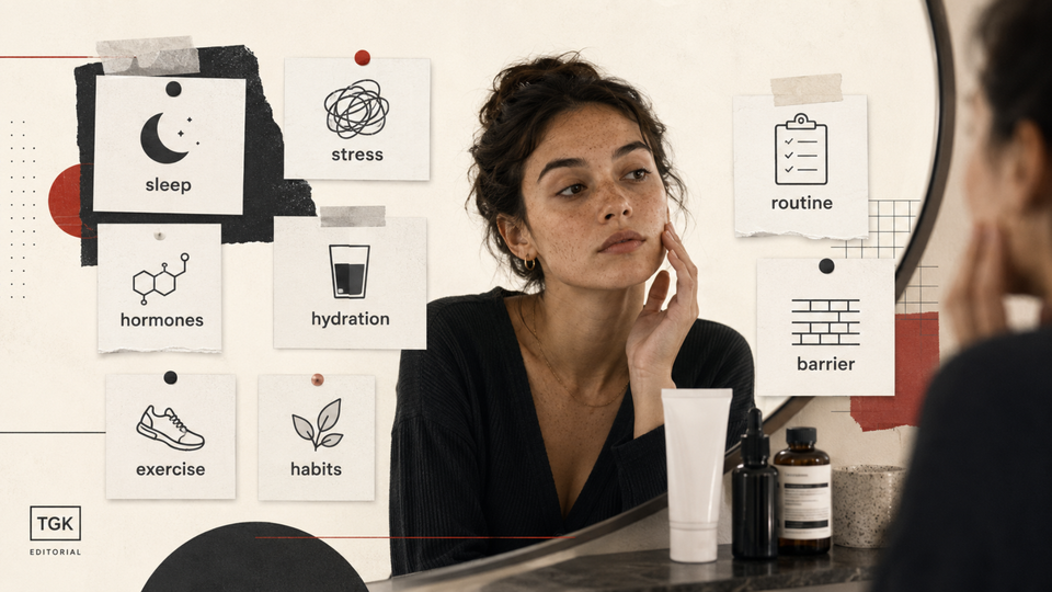 Woman examining her skin in a bathroom mirror beside notes about sleep, stress, hormones, hydration, exercise and skincare habits.
