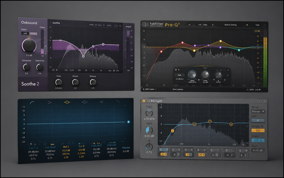A clean editorial composition displaying four popular equalizer plugin interfaces arranged on a matte gray background, comparing different EQ workflows and designs.