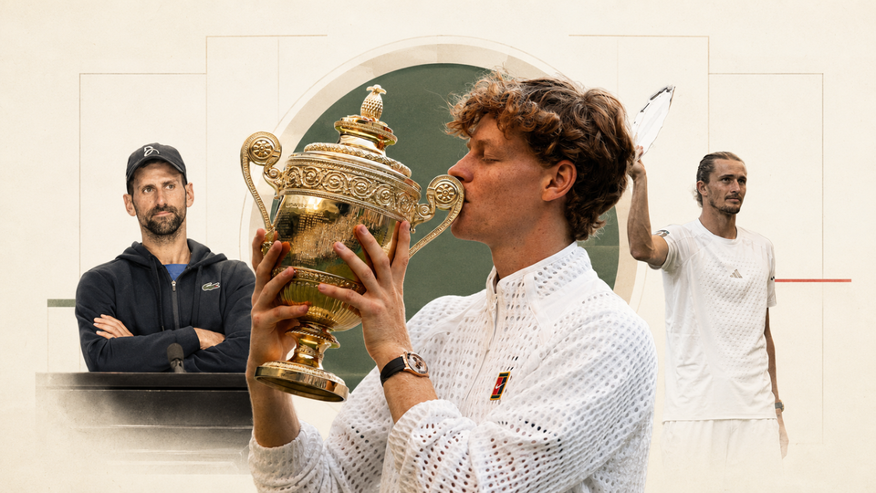 Jannik Sinner kisses the Wimbledon trophy, with Novak Djokovic and Alexander Zverev pictured behind him.