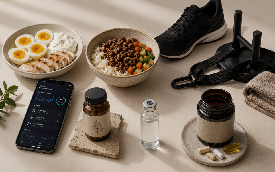 Seven viral wellness trends represented by food, fitness gear, an AI workout app, supplements and a peptide vial.