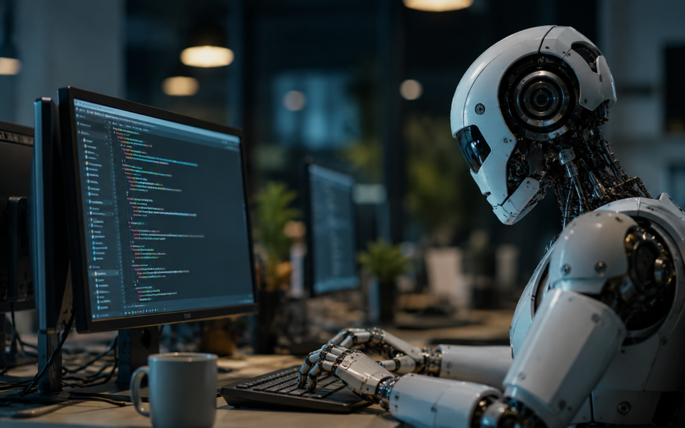 Photorealistic nighttime workstation with a humanoid robot using a computer to review source code, illustrating an AI agent operating autonomously in a controlled research environment.