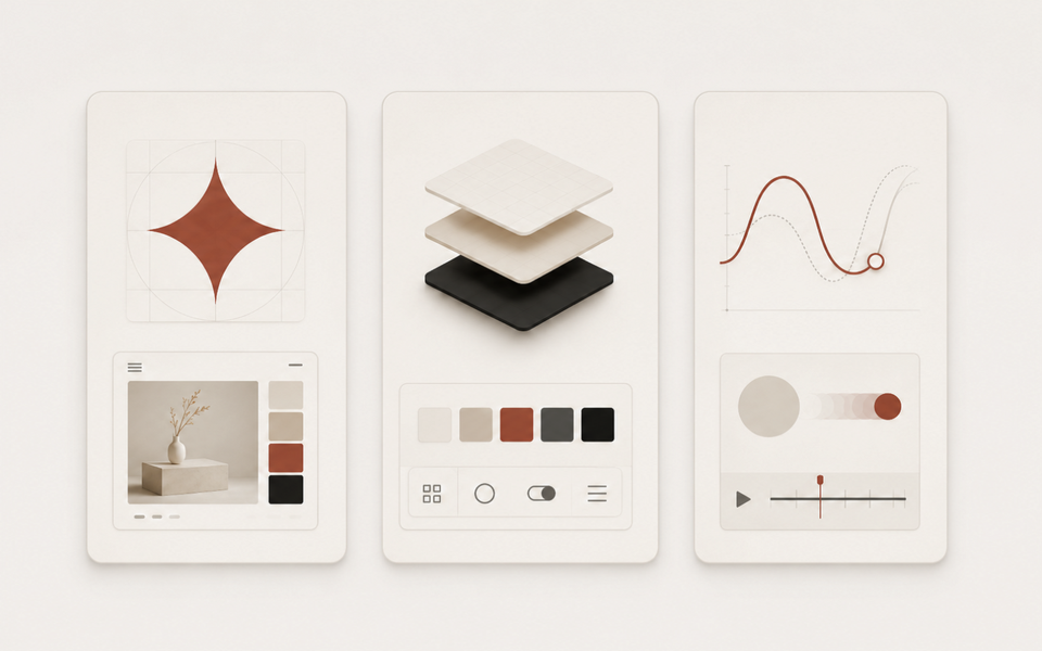 Minimalist cream-toned feature image showing three rounded design panels on an off-white background: one with a terracotta star icon and small UI mockup, one with stacked interface layers and