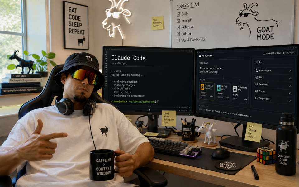 Developer using Claude Code and AI routing tools across two monitors in a bright home office, wearing mirrored ski goggles and headphones.