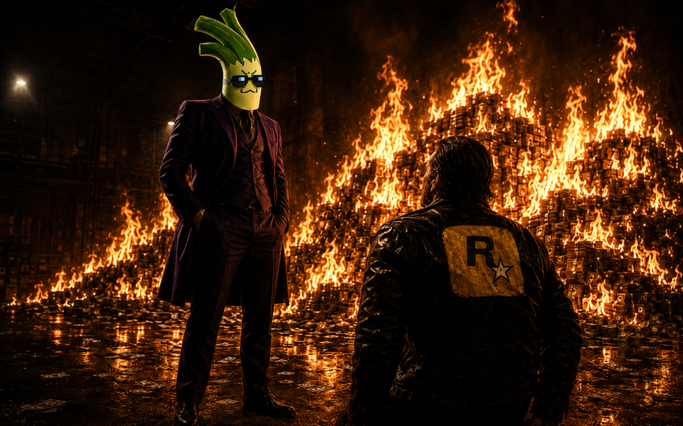 CyberLeek in a dark purple suit faces a Rockstar executive as stacks of cash burn behind them inside a dark warehouse.
