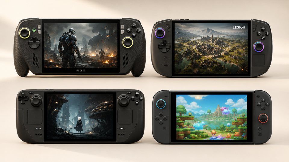 ROG Xbox Ally X20, Lenovo Legion Go Gen 2, Steam Deck OLED and Nintendo Switch 2 shown front-on in a two-row comparison.